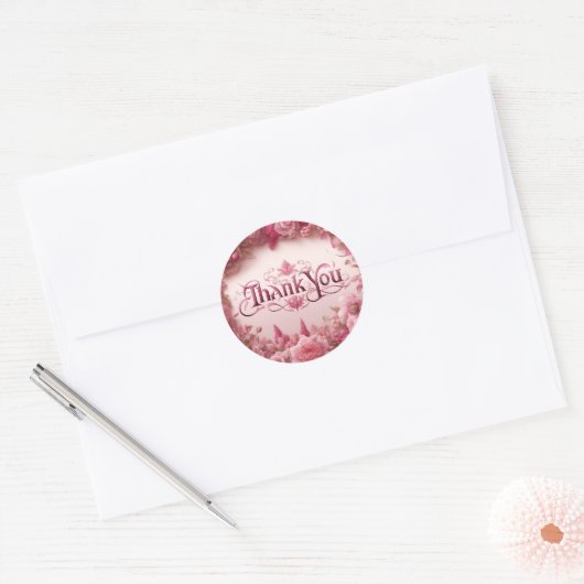 Roze bloemig Dank u sticker (Envelop)