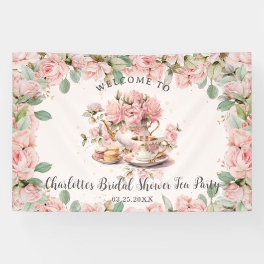  roze bloemig high tea bruids Baby shower Spandoek (Horizontaal)