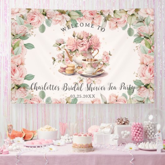  roze bloemig high tea bruids Baby shower Spandoek (Feest)