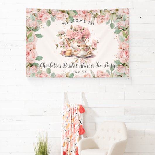  roze bloemig high tea bruids Baby shower Spandoek (Insitu)