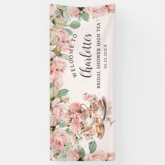  roze bloemig high tea bruids Baby shower Spandoek (Verticaal)