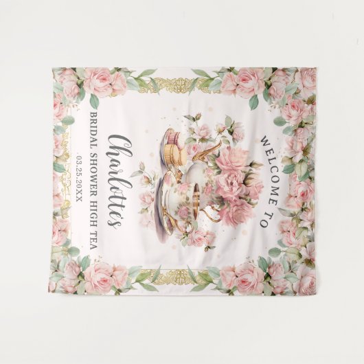  roze bloemig high tea bruids Baby shower Wandkleed (Voorkant (horizontaal))