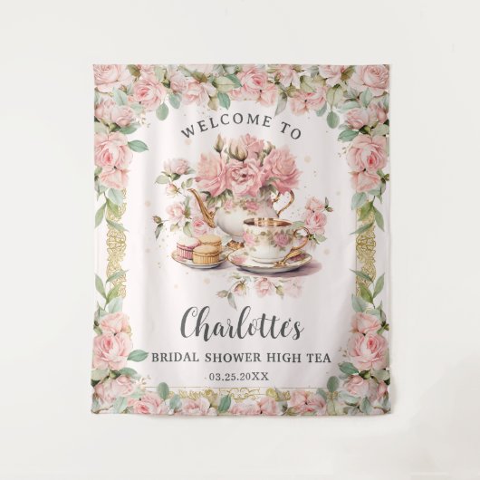  roze bloemig high tea bruids Baby shower Wandkleed (Voorkant)
