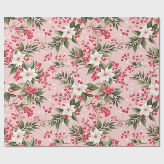  roze bloemig met bessen cadeaupapier (Vlak)