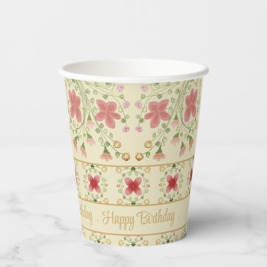 Roze bloemig met crème papieren bekers (Achterkant)