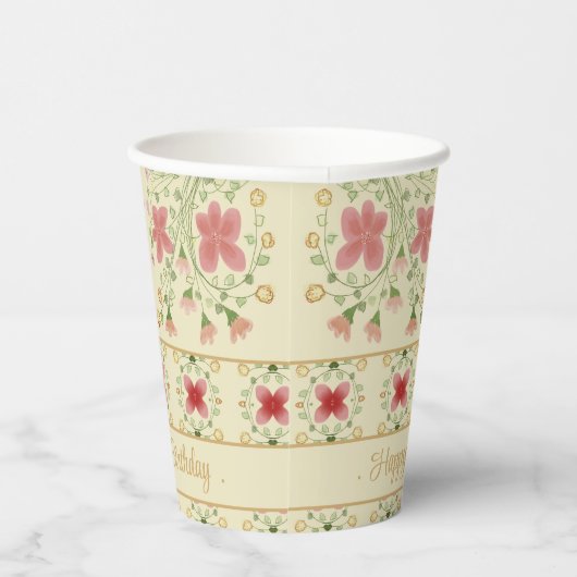 Roze bloemig met crème papieren bekers (Rechts)