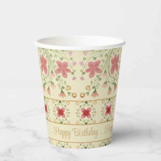 Roze bloemig met crème papieren bekers (Voorkant)