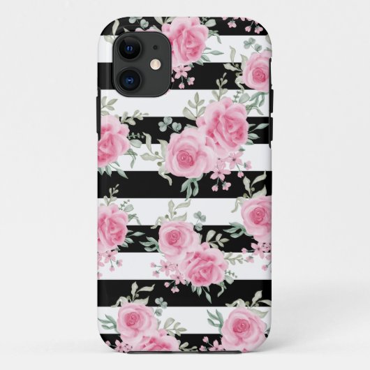  roze bloemig Roos zwarte strepen Case-Mate iPhone Case (Achterkant)