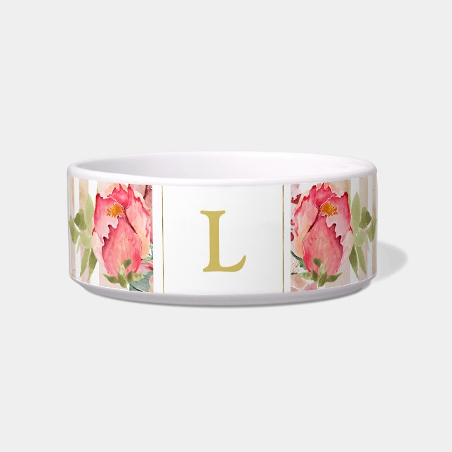 Roze, bloemig, shabby chic, gestreepte monogram voerbakje (Voorkant)