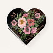 Roze bloemig zwart hartvormig notitieboek (Voorkant)