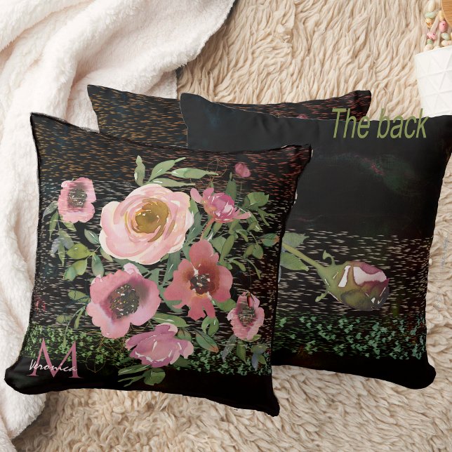 Roze Bloemig Zwart Kussen (Pink floral black throw pillow double -sided)