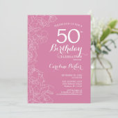 Roze Bloemige 50e Verjaardagsfeest Kaart (Staand voorkant)