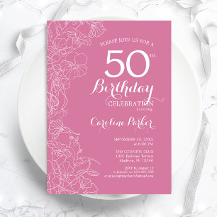 Roze Bloemige 50e Verjaardagsfeest Kaart