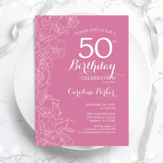 Roze Bloemige 50e Verjaardagsfeest Kaart