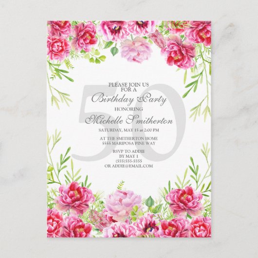 Roze bloemige 50ste verjaardagsfeest uitnodiging (Voorkant)