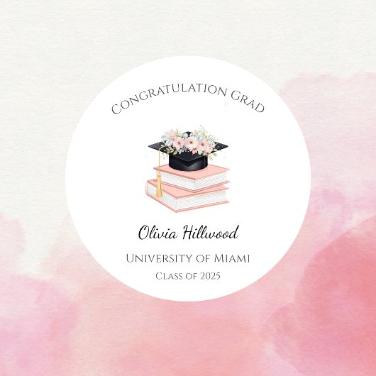 Roze bloemige afstudeerhoed Uni Naam Ronde Sticker