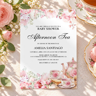 Roze Bloemige Afternoon Tea Baby Shower Kaart