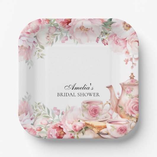 Roze Bloemige Afternoon Tea Party Shower Papieren Bordje (Voorkant)