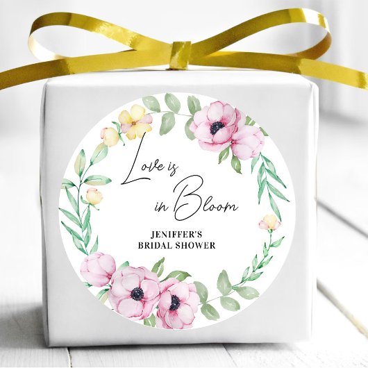 Roze Bloemige Anemoon Liefde is in Bloei Bruiloft Ronde Sticker