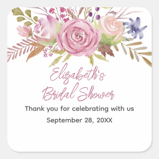 Roze Bloemige Aquarel Botanische Bruidsdouche  Vierkante Sticker (Voorkant)