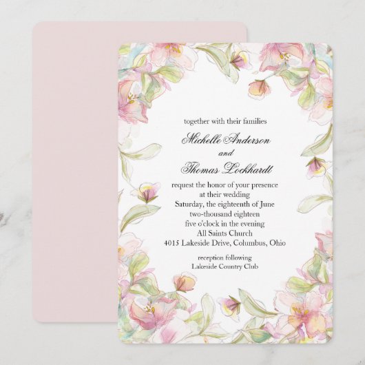 Roze Bloemige Aquarel Lijst Kaart (Voorkant / Achterkant)