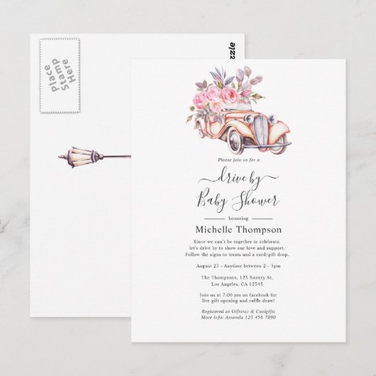 Roze Bloemige Aquarel Parijs Thema Drive By Shower Briefkaart (Voorkant / Achterkant)