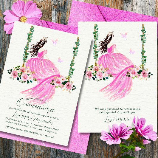 Roze & Bloemige Aquarel Quinceañera Uitnodiging