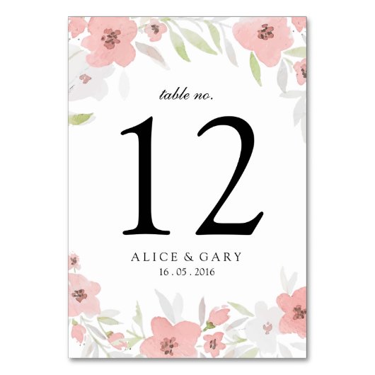 Roze Bloemige Aquarel Trouwtafel Nummerkaart Kaart (Voorkant)