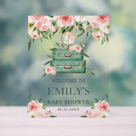 Roze Bloemige Avontuur Reis Babyshower Welkom Acryl Bord