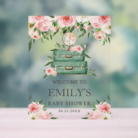 Roze Bloemige Avontuur Reis Babyshower Welkom Acryl Bord (Neutraal)