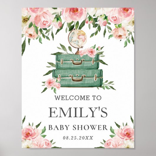 Roze Bloemige Avontuur Reis Babyshower Welkom Poster (Voorkant)