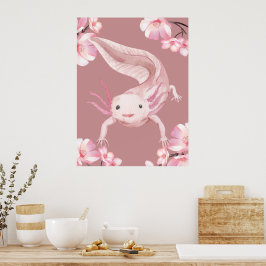 Roze Bloemige Axolotl Poster