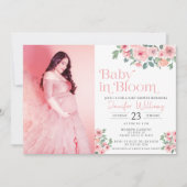 Roze bloemige baby in bloei douche foto uitnodigin kaart (Voorkant)