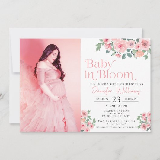 Roze bloemige baby in bloei douche foto uitnodigin kaart (Voorkant)