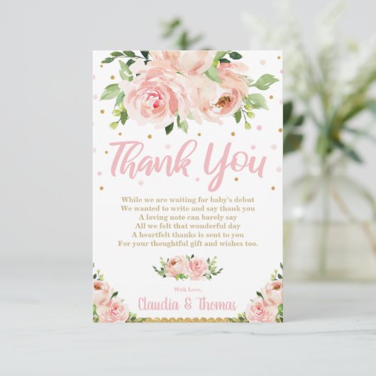 Roze Bloemige Baby Meisje Shower Bruiloft Bedankkaart (Staand voorkant)