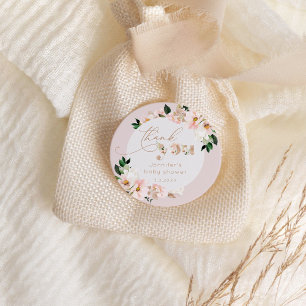 Roze bloemige baby shower bedankje voor meisje ronde sticker