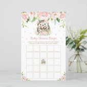 Roze bloemige baby shower bingo spel met egel (Staand voorkant)