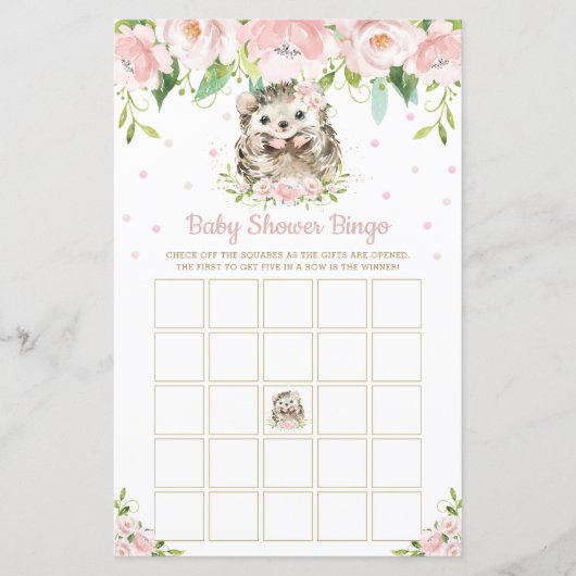 Roze bloemige baby shower bingo spel met egel (Voorkant)