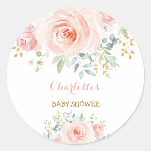 Roze bloemige baby shower favor voor meisjes ronde sticker
