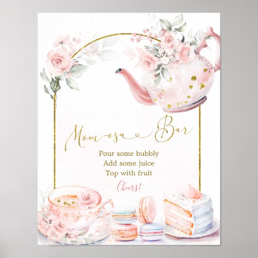 Roze Bloemige Baby Shower Thee Party Momosa Bar Poster (Voorkant)