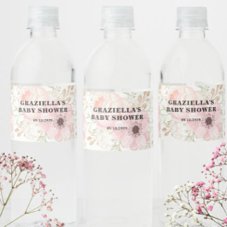 Roze Bloemige Baby Shower Waterfles Etiket