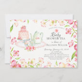  roze bloemige Baby Tea Party uitnodiging (Voorkant)
