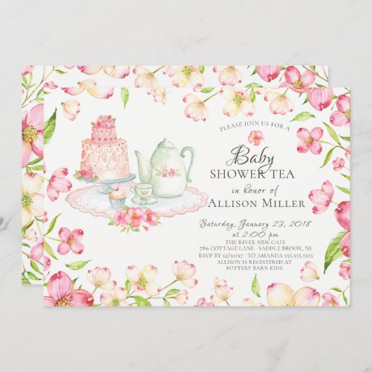  roze bloemige Baby Tea Party uitnodiging (Voorkant / Achterkant)