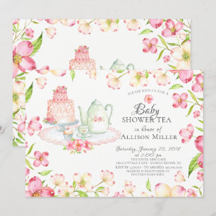 roze bloemige Baby Tea Party uitnodiging