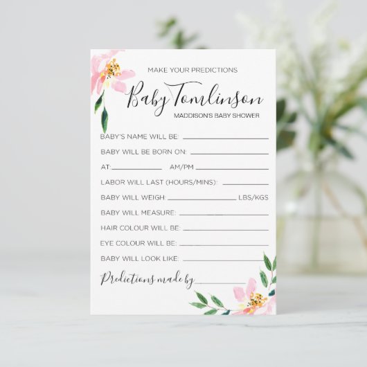 Roze Bloemige Baby Voorspellingen Baby Shower Spel Kaart (Staand voorkant)