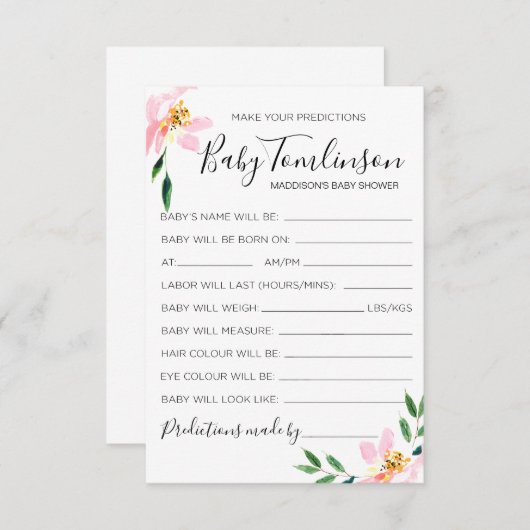 Roze Bloemige Baby Voorspellingen Baby Shower Spel Kaart (Voorkant / Achterkant)