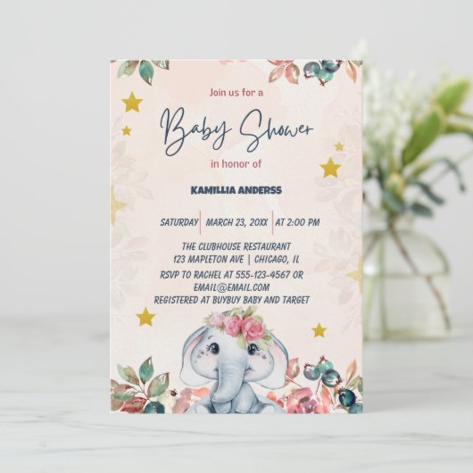 Roze bloemige babyolifant   kaart (Staand voorkant)