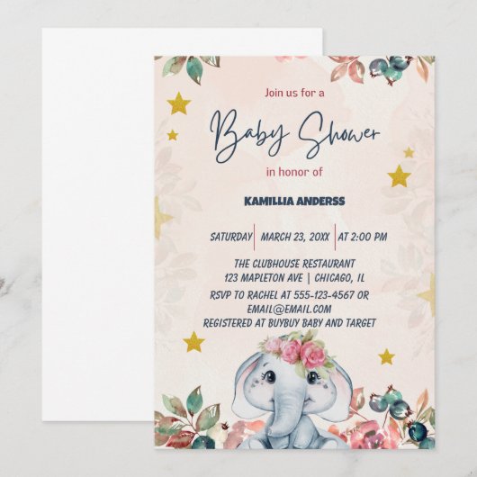 Roze bloemige babyolifant   kaart (Voorkant / Achterkant)