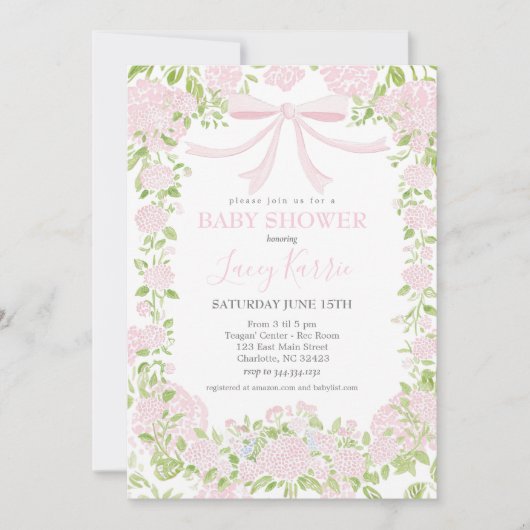 Roze bloemige babyshower uitnodiging, kaart (Voorkant)