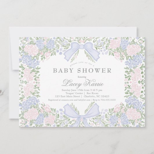 Roze bloemige babyshower uitnodiging, kaart (Voorkant)